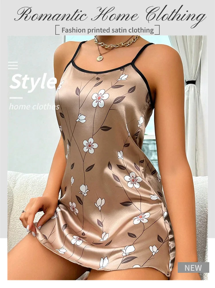 Women's Sleepdress Satin Floral Print Nightdress Comfortable Spaghetti Strap Sleepwear Dress Luxurious Satin Slip Nightdress - AMULET RING STORE