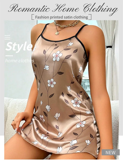 Women's Sleepdress Satin Floral Print Nightdress Comfortable Spaghetti Strap Sleepwear Dress Luxurious Satin Slip Nightdress - AMULET RING STORE