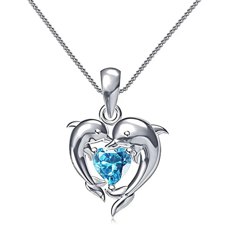 Huitan Couple Dolphin with Blue Heart CZ Necklace Women Chic Bride Wedding Clavicle Chain Necklaces Fancy Gift Statement Jewelry - AMULET RING STORE