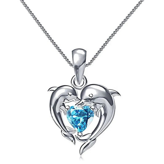 Huitan Couple Dolphin with Blue Heart CZ Necklace Women Chic Bride Wedding Clavicle Chain Necklaces Fancy Gift Statement Jewelry - AMULET RING STORE
