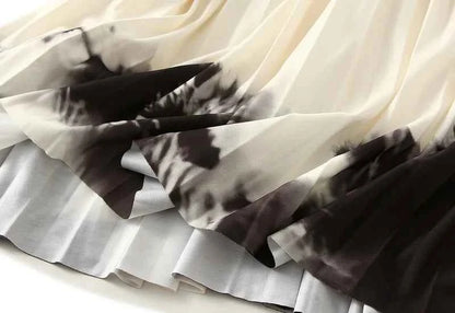 Printed pleated skirt with elastic waistband, colorful flower big swing skirt, women's contrasting long skirt, A-line skirt, new