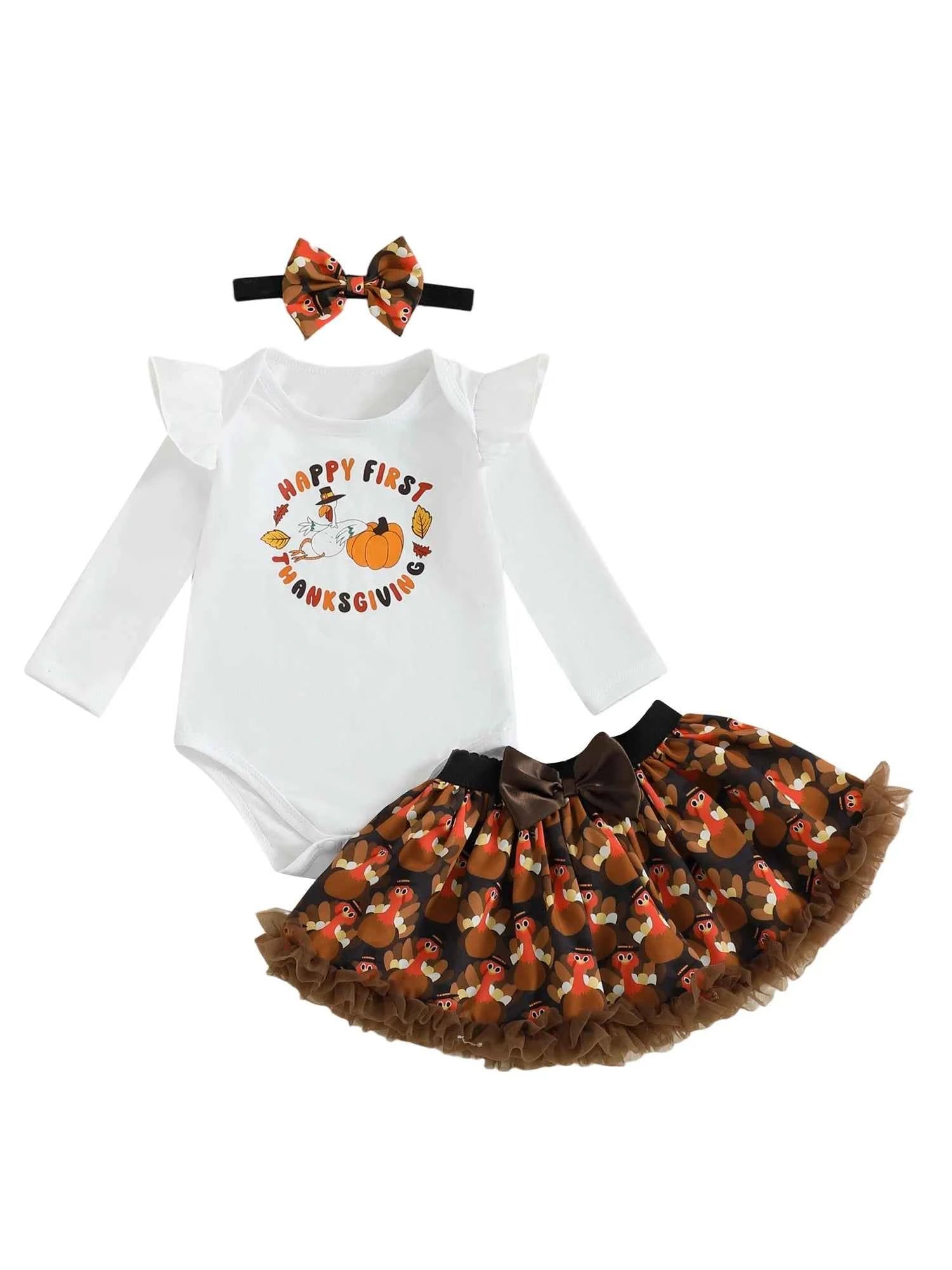 Adorable Baby Girls 3-Piece Thanksgiving Ensemble with Long Sleeve Romper Mini Skirt and Headband - Fall Fashion Set