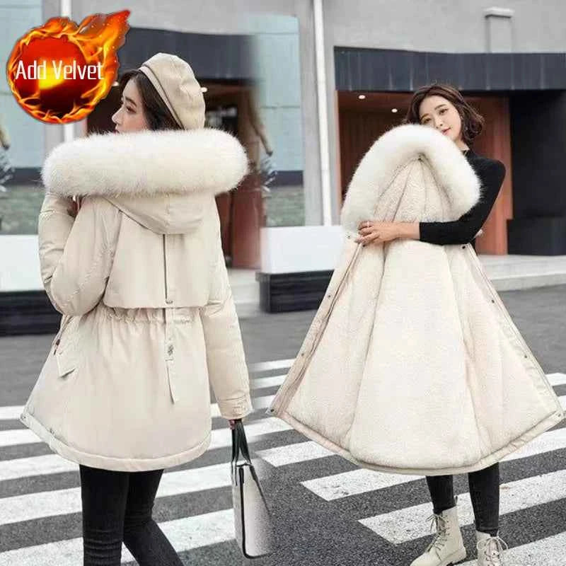 2025 Winter Women's Parka Cotton Padded Coat Korean Style Mid Length Waist Cinching Thickened for Cold Suitable for Short Girls