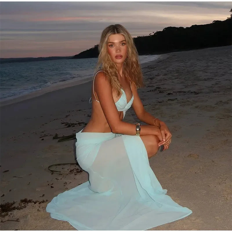 Vacation Hollow Out Mesh Long Sling Dress For Women Y2k Irregular Sleeveless Side Split Beach Suspender Dress Lady Evening Robe - AMULET RING STORE