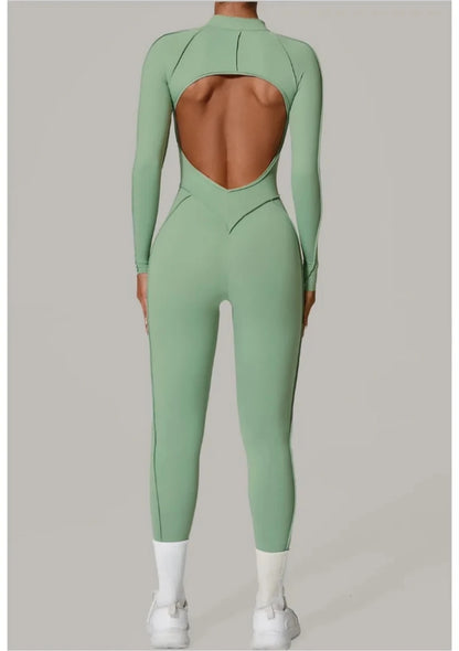 Seamless Yoga Jumpsuit Sports Fitness Backless Tight Zipper Long-sleeved One-Piece Workout Clothes Gym Leggings Sportswear