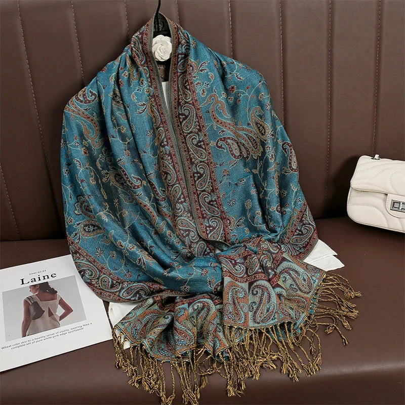 Women National Style Flower Pattern Scarf Jacquard Pashmina Cashmere Tassel Classic Shawl Coldproof Warm Neck Protection
