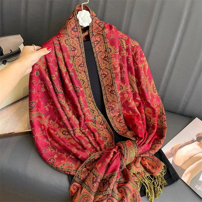 Women National Style Flower Pattern Scarf Jacquard Pashmina Cashmere Tassel Classic Shawl Coldproof Warm Neck Protection