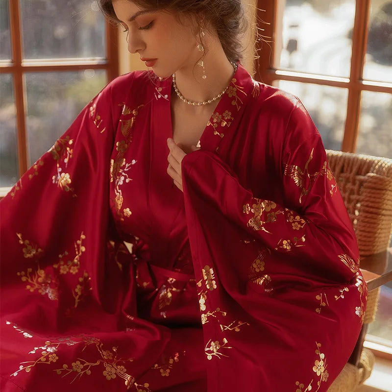 Luxury Burgundy Kimono Robe Women Wedding Bride Bathrobe Sexy Bronzing Flower Morning Dressing Gown Elegant Sleepwear Nightgown - AMULET RING STORE