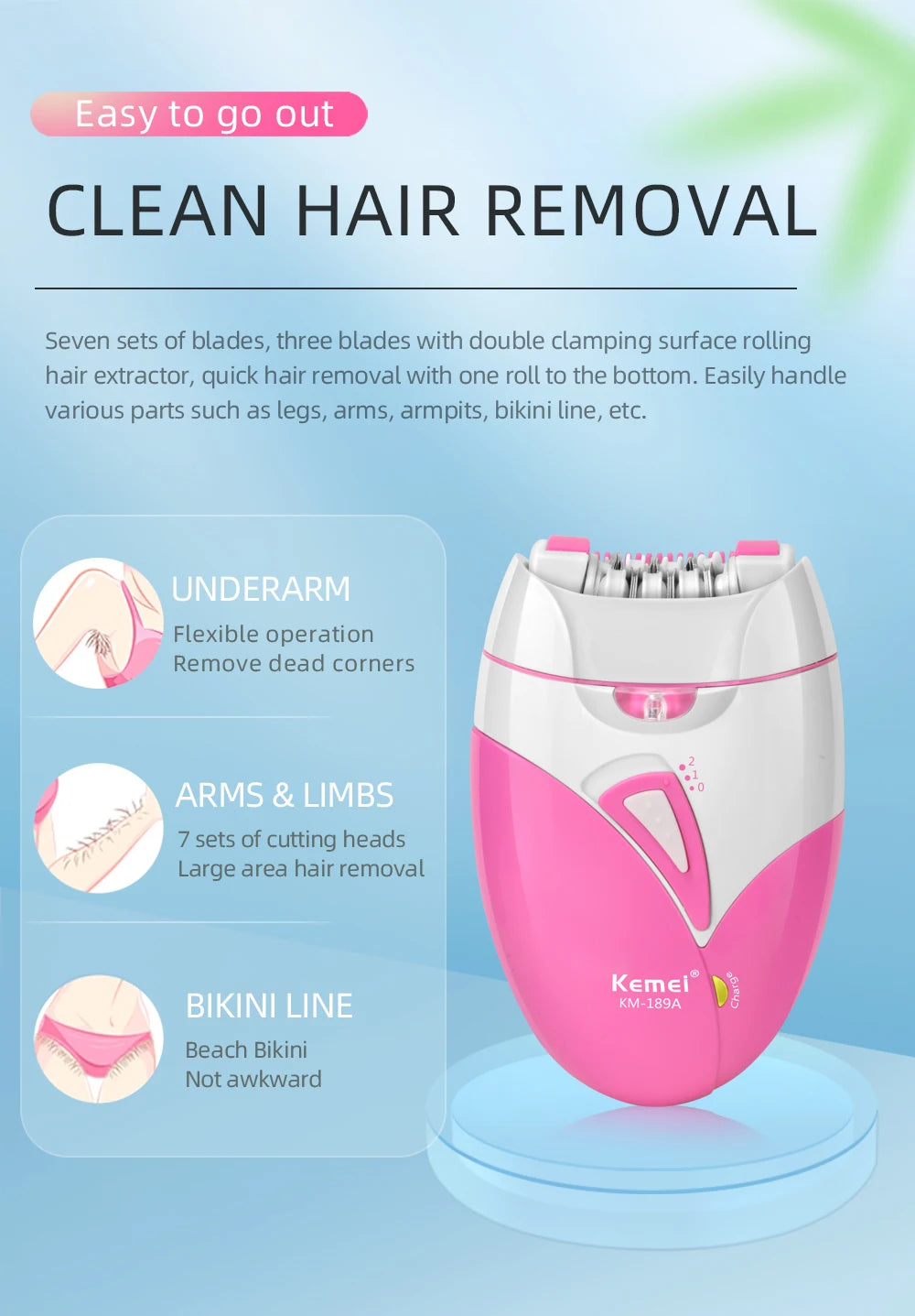 Kemei Women's Electric Epilator Rechargeable Body Hair Removal Machine Shaving for Private Part Bikini Facial Armpit Depilation - AMULET RING STORE