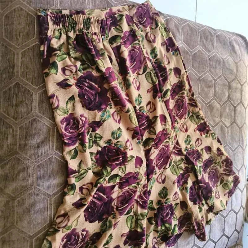 Rose Floral Print Vintage Elegant Chic A-line High Waist Trumpet Women's Skirt Mid-Calf Long Skirts For Women Clothing Fashion