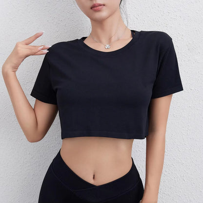 High Quality Women Loose Crop Top Shirts Fitness Crewneck Black Plain Short Sleeve heat transfer designs for t shirts - AMULET RING STORE