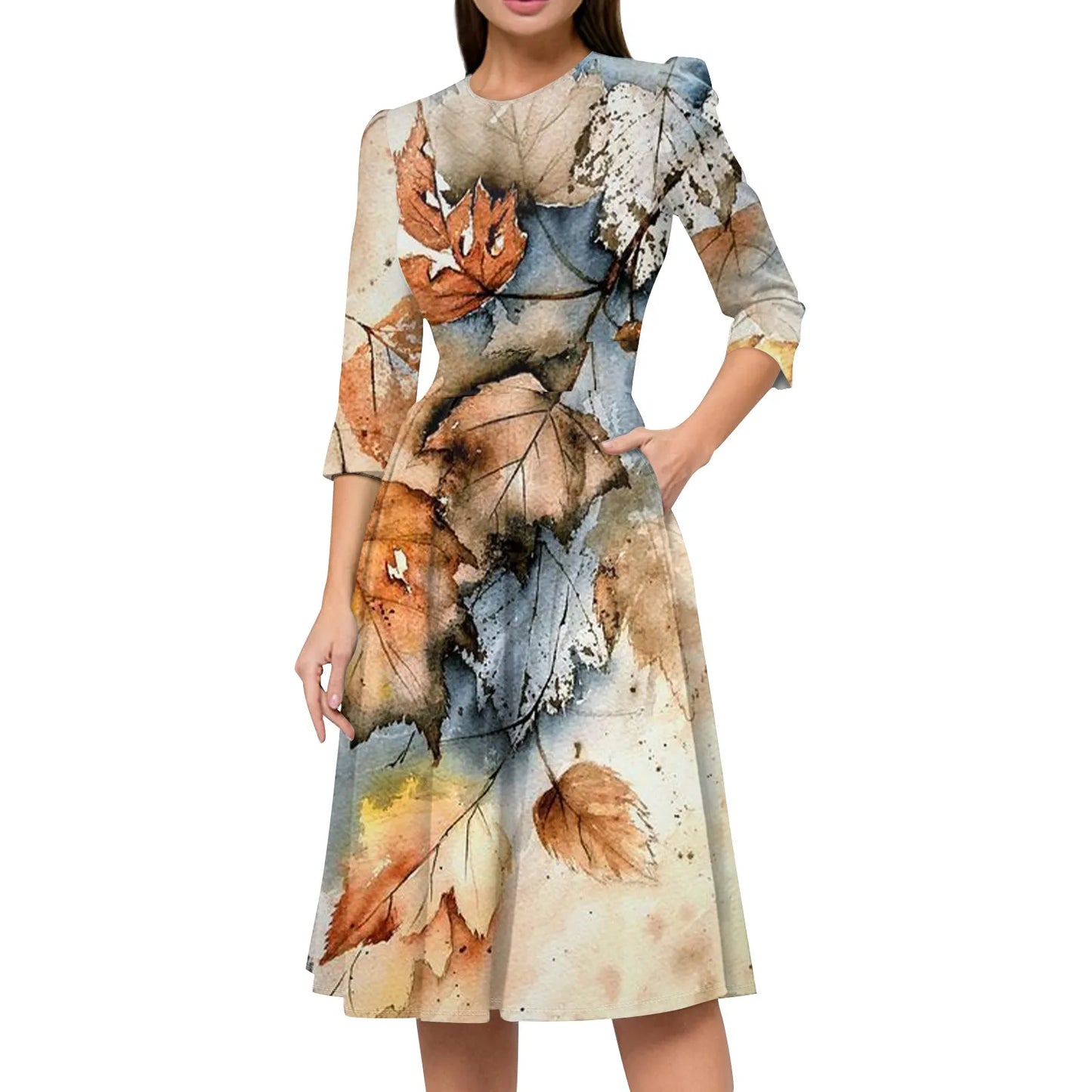 Traf Women 2025 Women'S Casual And Fashionable 3/4 Sleeve Pocket With Back Zipper Dress