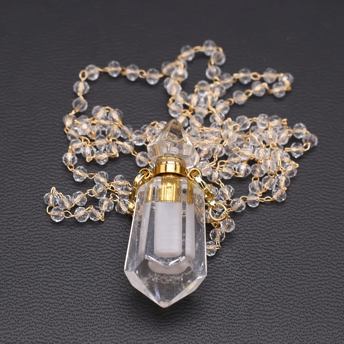Natural Clear Quartz Stone Essential Oil Diffuser Pendant Stone Bead Chain Perfume Bottle Pendant Necklace Women Jewelry Party - AMULET RING STORE