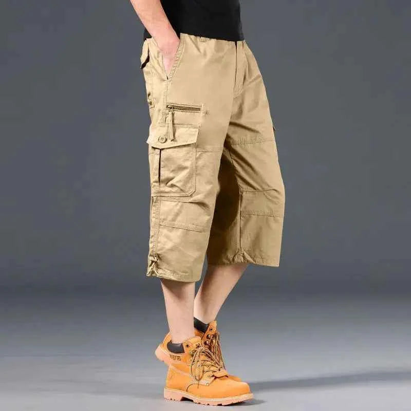 Knee Length Cargo Shorts Men's Summer Casual Cotton Multi Pockets Breeches Cropped Short Trousers Camouflage Shorts