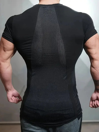 2025 Male Fitness T-shirt Summer Men's Athleisure Workout short sleeve T-shirt Compress quick-dry Men T-shirt Gym Sports Tops - AMULET RING STORE