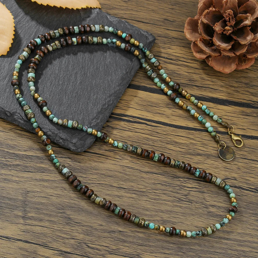 1PC Men's Retro Ethnic Style Africa Stone Necklace for Men Hippie Bohemia Long Beaded Necklace Man Tribal Jewelry Collar Hombre