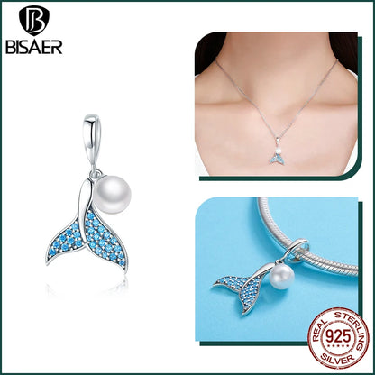 BISAER 925 Sterling Silver Charm Ocean Style Fish Dolphin Mermaid Shell Blue CZ Bead For Necklace&Bracelet DIY Fine Jewelry Gift - AMULET RING STORE