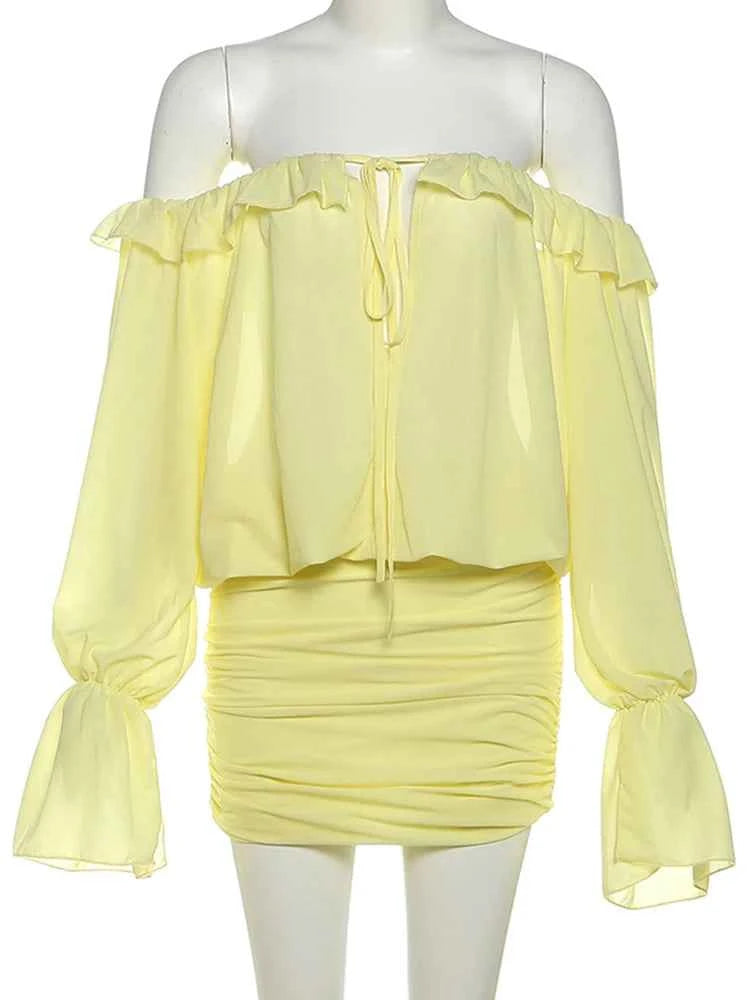 Sisterlinda Ruched Elegant Dress Women Sexy Hollow Ruffles Shirring Slash Neck Backless Puff Sleeve Street Fashion Mini Bodycon