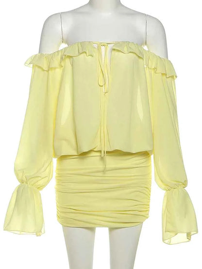 Sisterlinda Ruched Elegant Dress Women Sexy Hollow Ruffles Shirring Slash Neck Backless Puff Sleeve Street Fashion Mini Bodycon