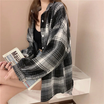 Plaid Shirt Women Spring Long Sleeve Top Female Vintage OL Fashion Single Breasted Blouse Ladies Preppy Style Loose Check Shirts