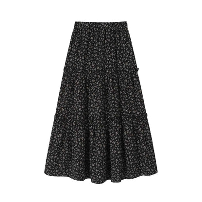 High Waist Vintage Floral Printed Women's Umbrella Skirts 2025 New Spring Autumn Black Casual Loose Straight A-line Skirt Female