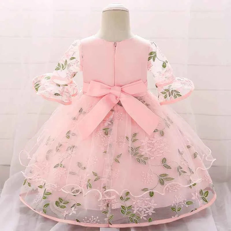 Long Sleeve Flower Baby Girls Dresses Newborn Pink 1st Birthday Tulle Princess Dress For Girl Bridesmaid Wedding Summer Clothing
