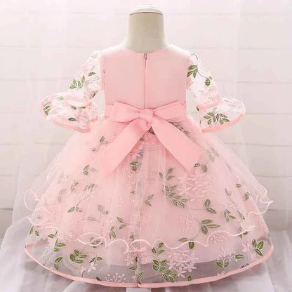Long Sleeve Flower Baby Girls Dresses Newborn Pink 1st Birthday Tulle Princess Dress For Girl Bridesmaid Wedding Summer Clothing