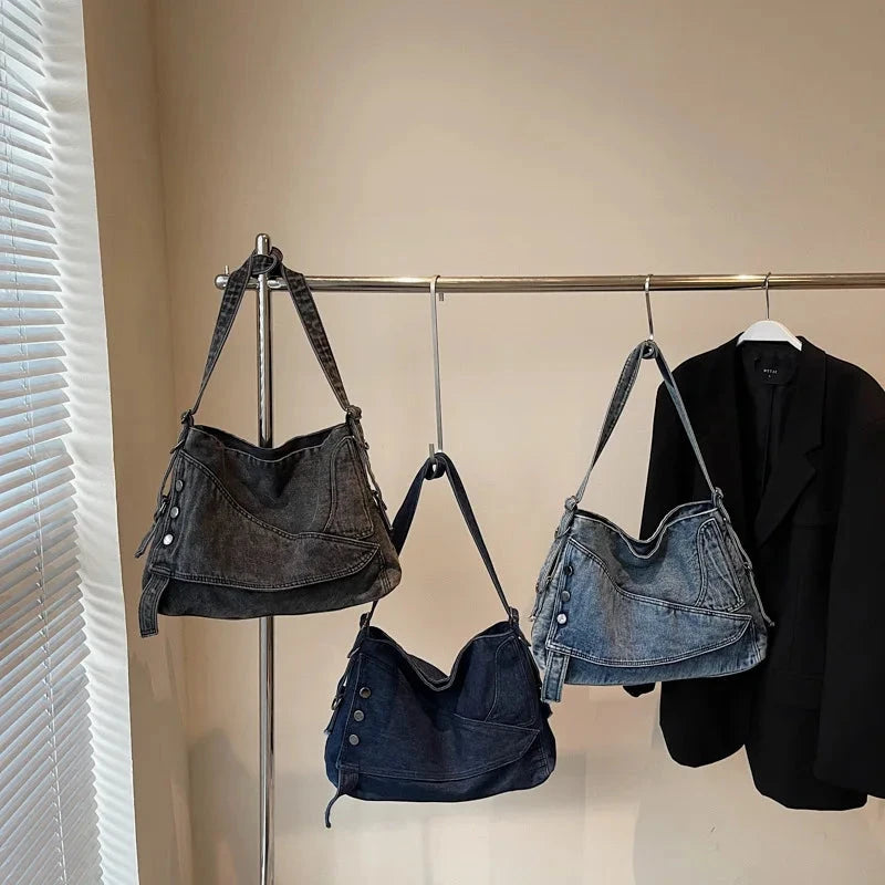 2025 New Women's Denim Tote Bag - Retro Crossbody Shoulder Bag with Large Capacity for Work & Commute, Fashionable Denim Handbag