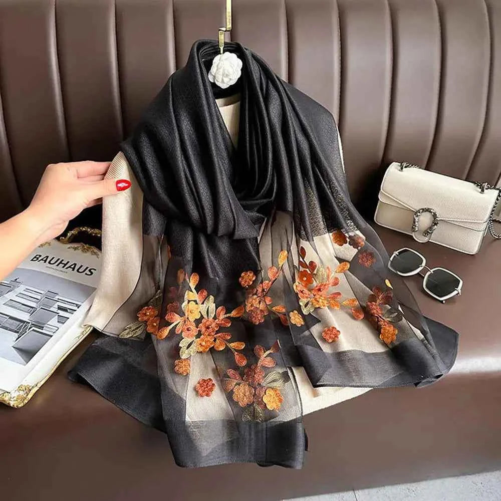 180*70cm Embroidery Floral Chiffon Scarf Elegant Thin Breathable Shawl Women Sunscreen Neck Scarf Travel Beach Shawl Scarf