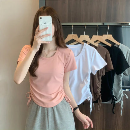 Drawstring Short Sleeve T-shirt Women Spring Summer Spicy Style Slim Fit Short Unique Top M L Xl 2XL Korean Casual Style - AMULET RING STORE