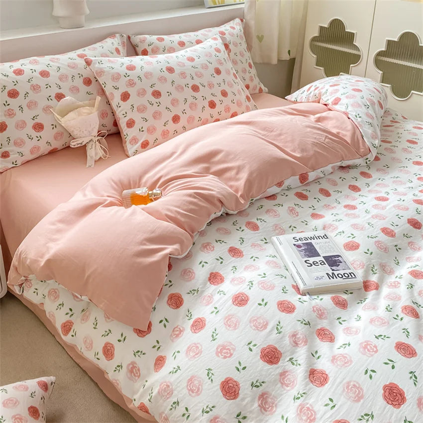 Korean Retro Floral Bedding Set 100% Washed Cotton Bed Sheets Set Soft Duvet Cover Bed Linen Pillowcase Single Double Queen King - AMULET RING STORE