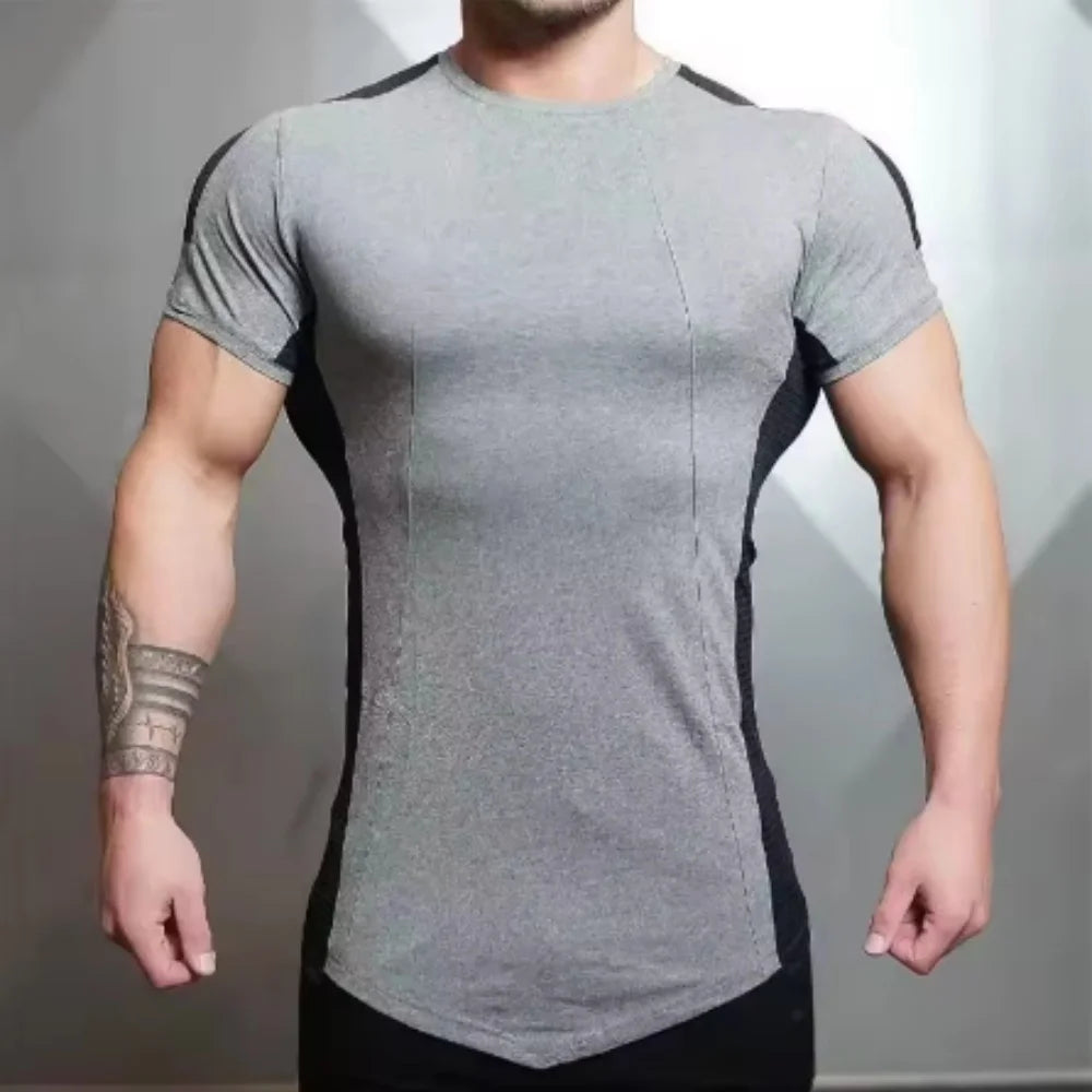2025 Male Fitness T-shirt Summer Men's Athleisure Workout short sleeve T-shirt Compress quick-dry Men T-shirt Gym Sports Tops - AMULET RING STORE