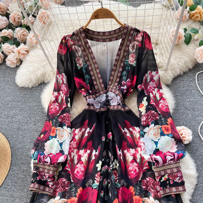 Women Deep V-Neck Bohemian Style Dress Spring Summer Runway Long Sleeve Casual Floral Print Ruffles Sweet Cascading Vestidos