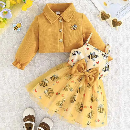 2Piece Spring Autumn Newborn Girls Clothes Korean Cartoon Cute Coat+Mesh Bow Print Sleeveless Dress Baby Boutique Clothing BC628