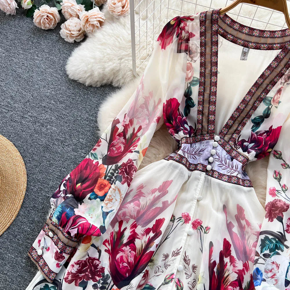 Women Deep V-Neck Bohemian Style Dress Spring Summer Runway Long Sleeve Casual Floral Print Ruffles Sweet Cascading Vestidos