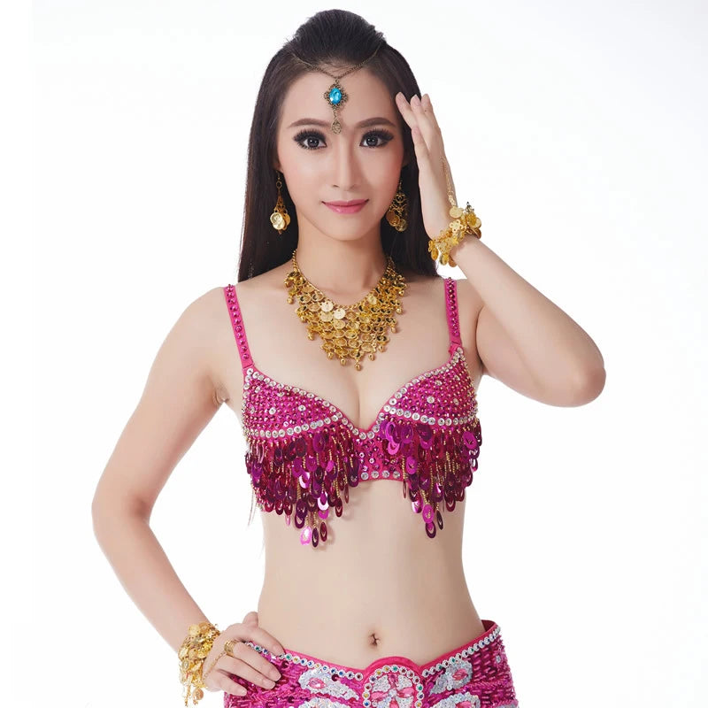 Sexy Women's Beaded Grape Shape Sequins Embellished Chrysanthemum Bra B/ C Cup Belly Dance Underwear Push-up  Dancing Lasdy Top