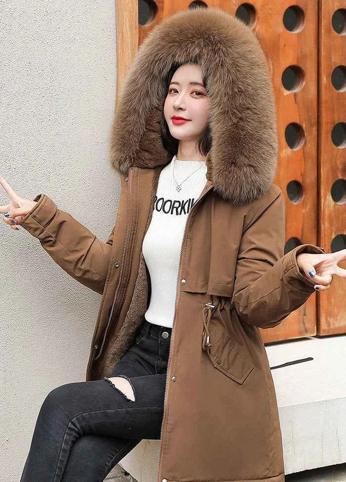 2025 Winter Women's Parka Cotton Padded Coat Korean Style Mid Length Waist Cinching Thickened for Cold Suitable for Short Girls