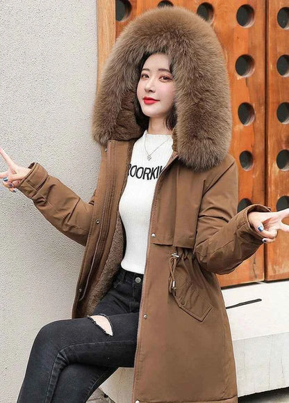 2025 Winter Women's Parka Cotton Padded Coat Korean Style Mid Length Waist Cinching Thickened for Cold Suitable for Short Girls