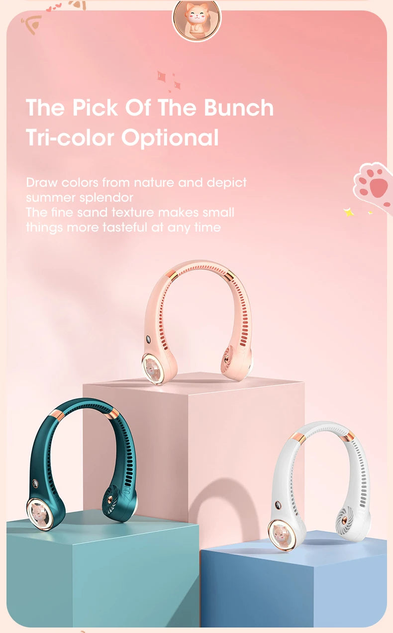 Bladeless Neck Fan 2000mAh USB Rechargeable Digital Display Cute Cat Hanging Mini for Travel Office