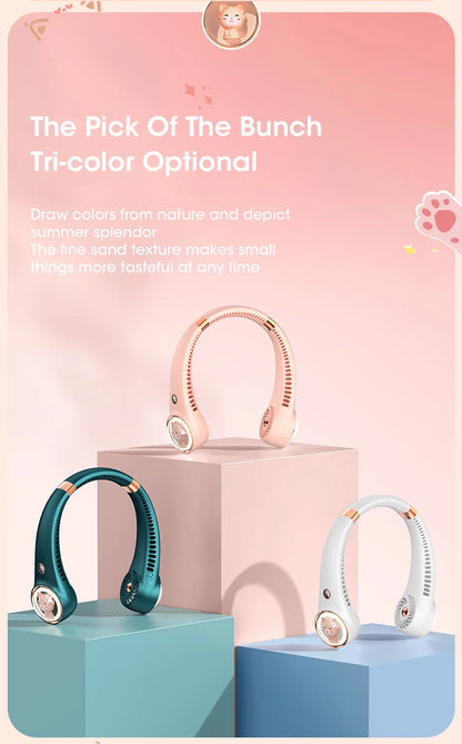 Bladeless Neck Fan 2000mAh USB Rechargeable Digital Display Cute Cat Hanging Mini for Travel Office