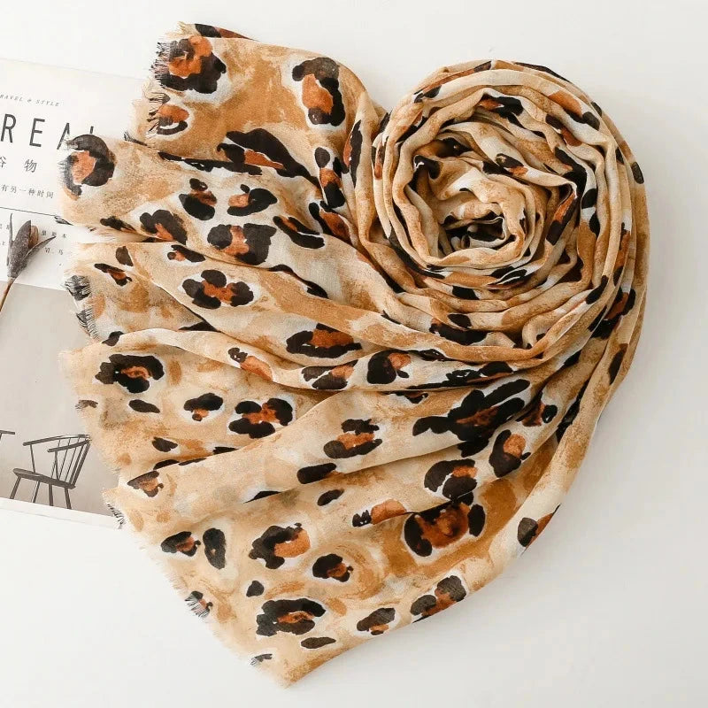88*180cm Leopard Print Women Viscose Scarf Summer Beach Shawl Cotton Linen Feeling Tassel Pashmina Muslim Hijab Wrap Lady