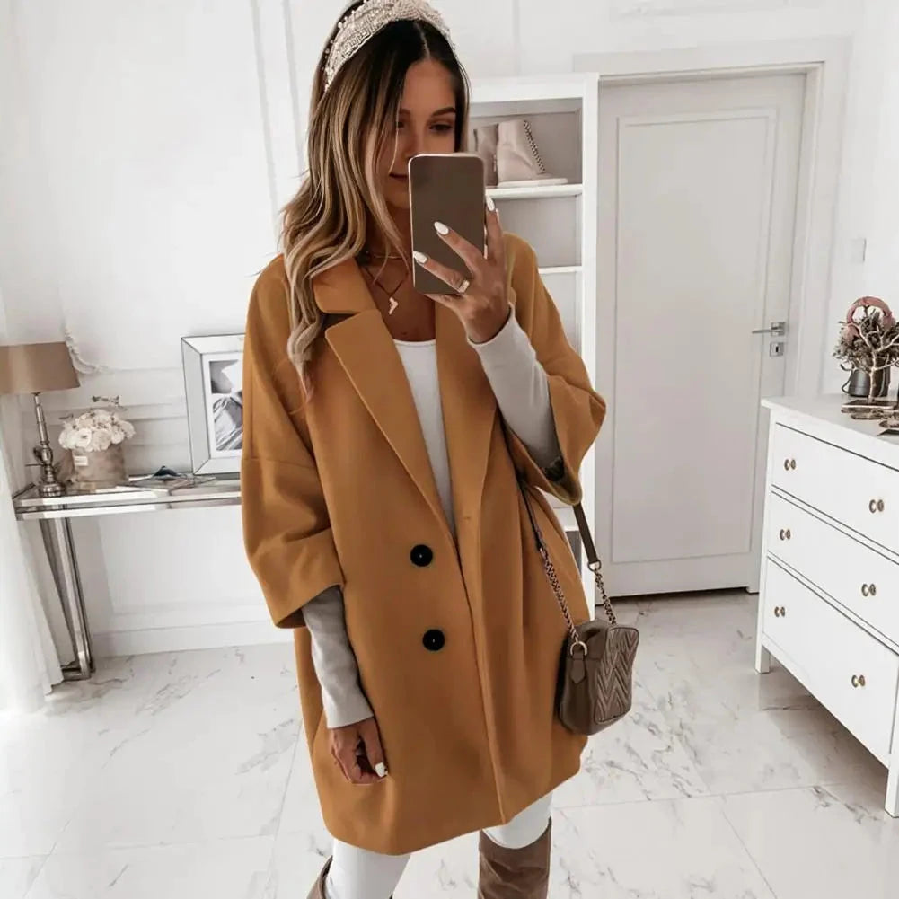 Fall Winter Women's Jacket 3/4 Long Sleeve Button Lapel Pocket Woolen Warm Jacket Coat Solid Color Thermal Fitted Cardigan Coat - AMULET RING STORE