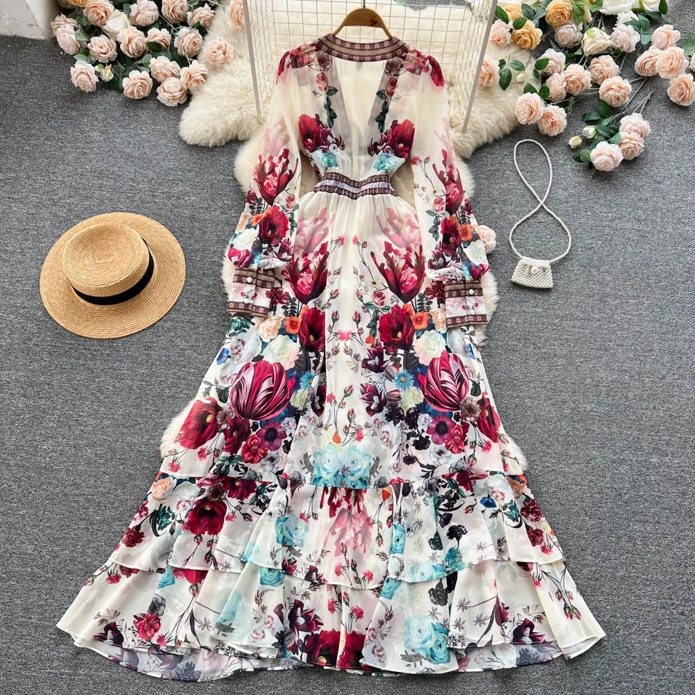 Women Deep V-Neck Bohemian Style Dress Spring Summer Runway Long Sleeve Casual Floral Print Ruffles Sweet Cascading Vestidos