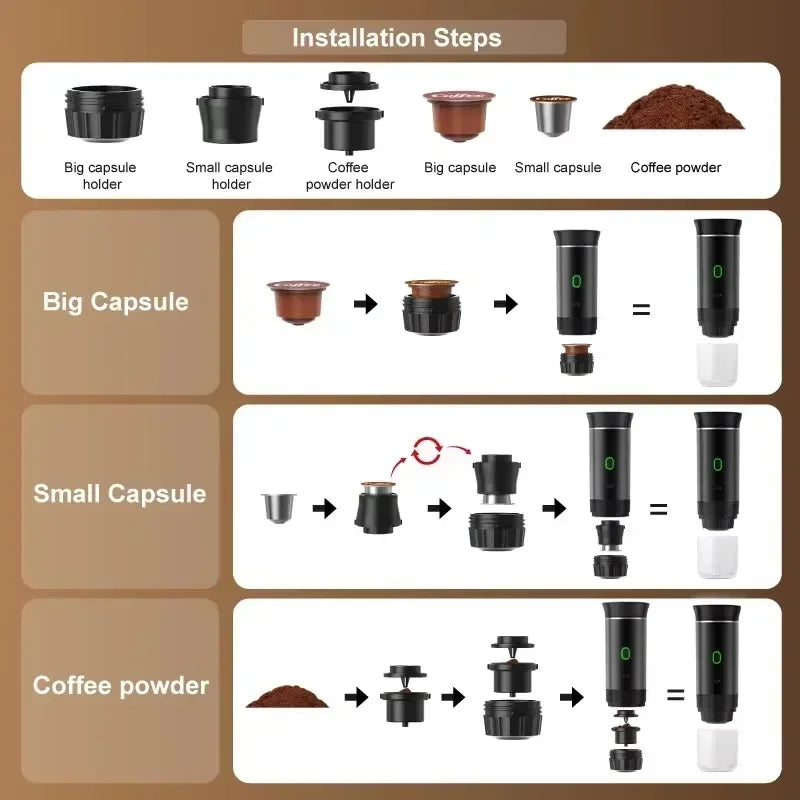 3-in-1 Portable Capsule Coffee Maker, Wireless Heating Electric Espresso Coffee Maker for Car Home, Travel Camping Coffee Maker - AMULET RING STORE
