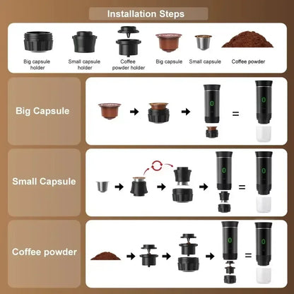 3-in-1 Portable Capsule Coffee Maker, Wireless Heating Electric Espresso Coffee Maker for Car Home, Travel Camping Coffee Maker - AMULET RING STORE
