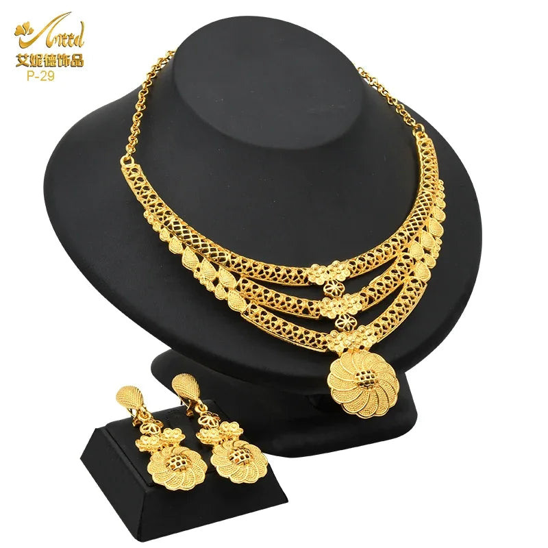ANIID Dubai Ethiopian Jewelry Set Wedding For Women 24K Gold Color African Bridal Choker Rose Necklace Set Wholesale Gifts