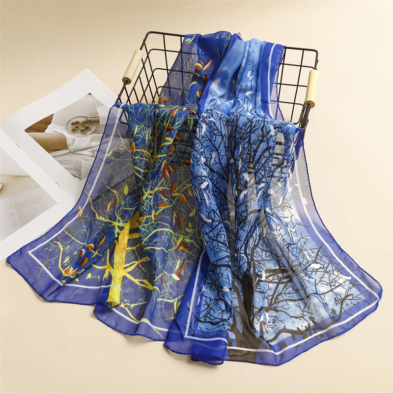 45*155cm Print Design Women Silk Scarf Shawl Elegant Headscarf Convinient Bandage Hijabs Chiffon Muslim Wrap Scarves - AMULET RING STORE