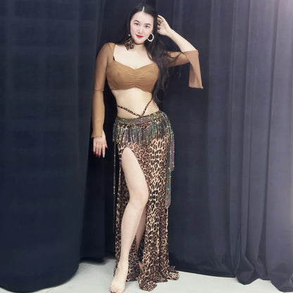 Belly dance set women's mesh long sleeved top+sexy leopard print skirt 2pcs adult oriental dance professional practice clothes