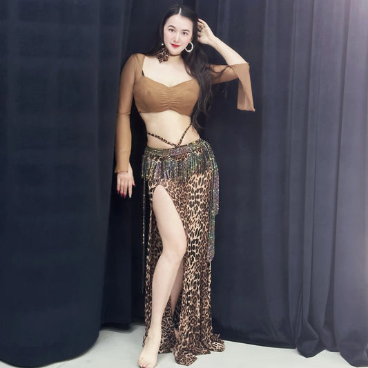 Belly dance set women's mesh long sleeved top+sexy leopard print skirt 2pcs adult oriental dance professional practice clothes