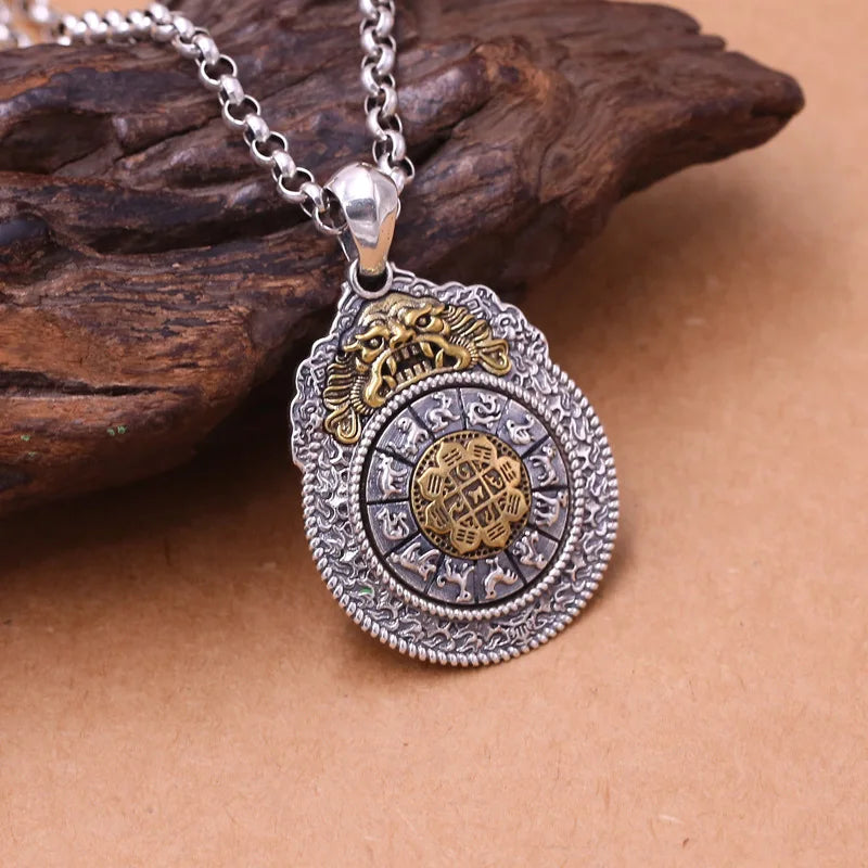 S925 Sterling Silver Retro Thai Silver Nine Palace Bagua Brand Rotating Twelve Zodiac Pendant